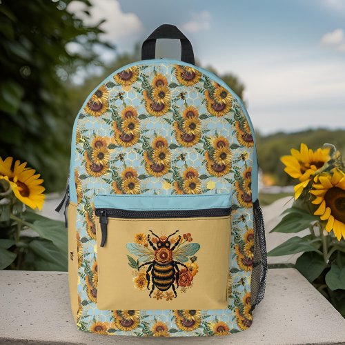 Vintage Turquoise and Gold Sunflower Bee Initials Printed Backpack