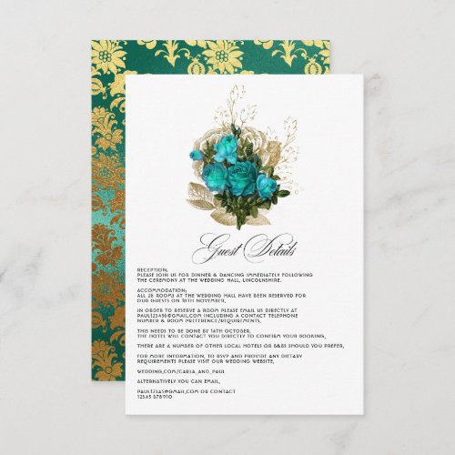 Vintage Turquoise and Gold Wedding Guest Details Enclosure Card