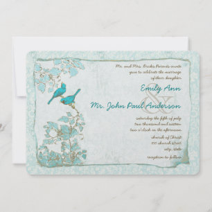 Vintage Turquoise Aqua Blue Birds Damask Wedding Invitation
