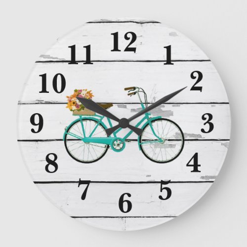 Vintage Turquoise Bicycle with Flowers Shiplap Large Clock
