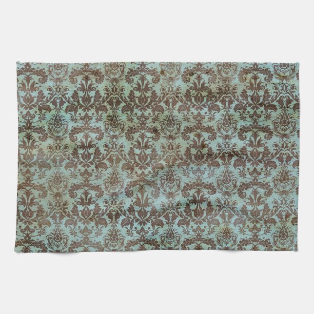 Vintage Turquoise Blue Brown Damask Pattern Towel (Horizontal)