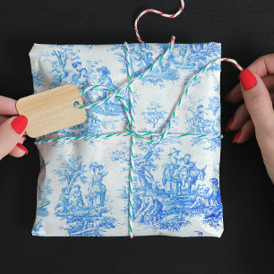 Vintage Turquoise Blue Floral Toile de Jouy Wrapping Paper Sheets