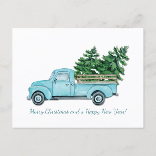 Vintage Turquoise Blue Truck with Christmas Trees Announcement Postcard