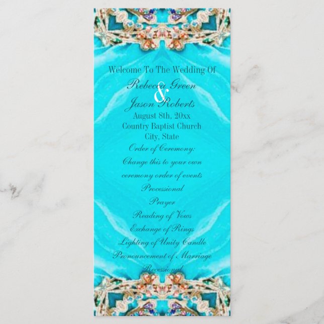 vintage turquoise bohemian wedding programs (Front)