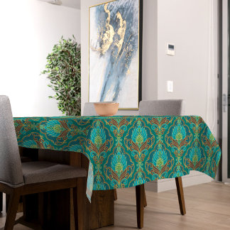 Vintage Turquoise, Brown and Gold Floral Pattern Tablecloth