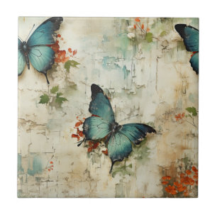 Vintage Turquoise Butterflies Rustic Floral Ceramic Tile