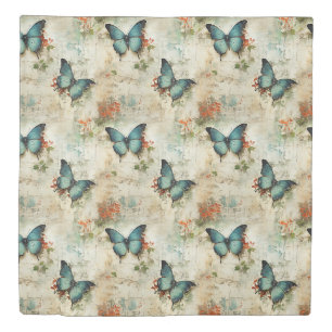Vintage Turquoise Butterflies Rustic Floral Duvet Cover