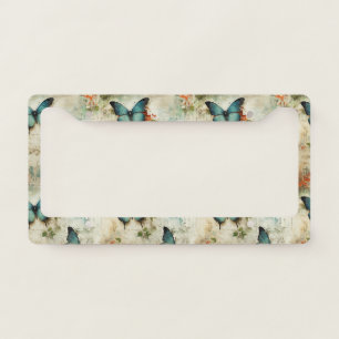 Vintage Turquoise Butterflies Rustic Floral License Plate Frame