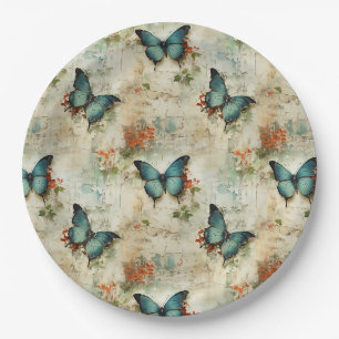 Vintage Turquoise Butterflies Rustic Floral Paper Plates