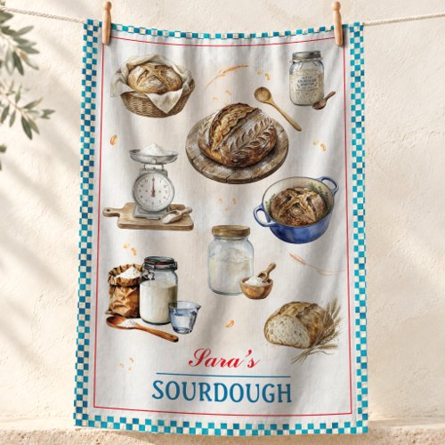 Vintage turquoise checkered trim sourdough bread kitchen towel