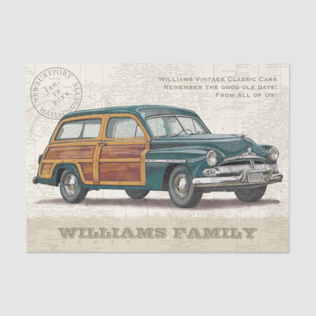 Vintage Turquoise Classic Woody Car Tissue Paper (Front)