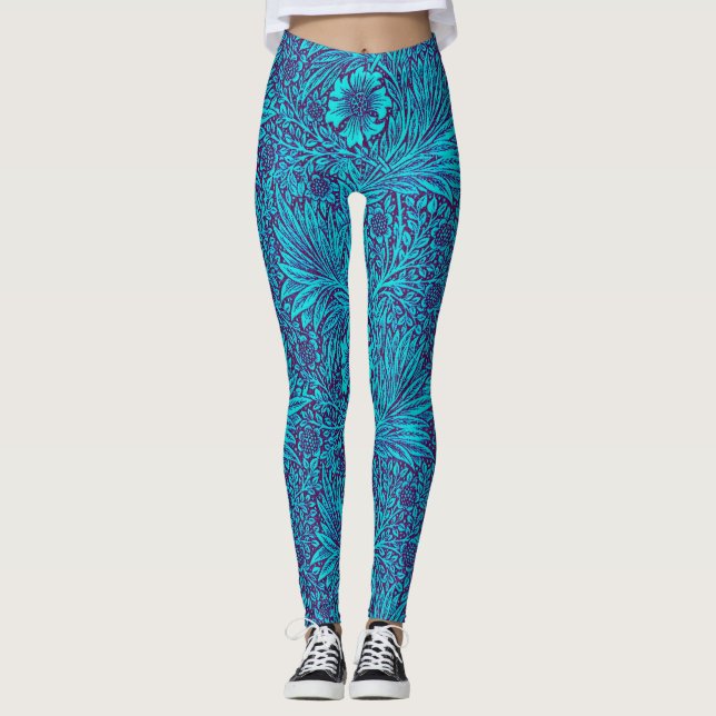 Vintage turquoise dark purple floral pattern leggings (Front)