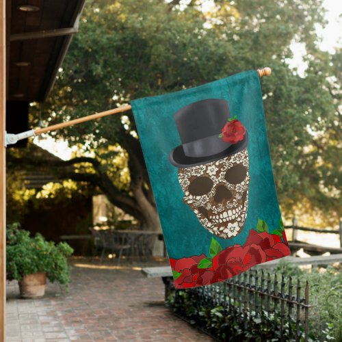 Vintage Turquoise Da De Los Muertos Sugar Skull House Flag