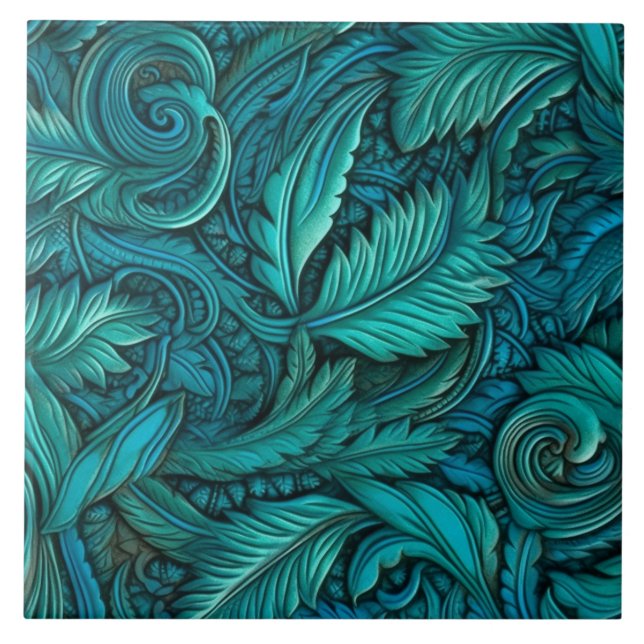 Vintage Turquoise Embossed leather Ceramic Tile (Front)