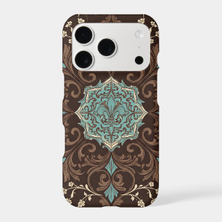 Vintage Turquoise Fleur de Lis Brown Damask Iphone 18 Pro Case