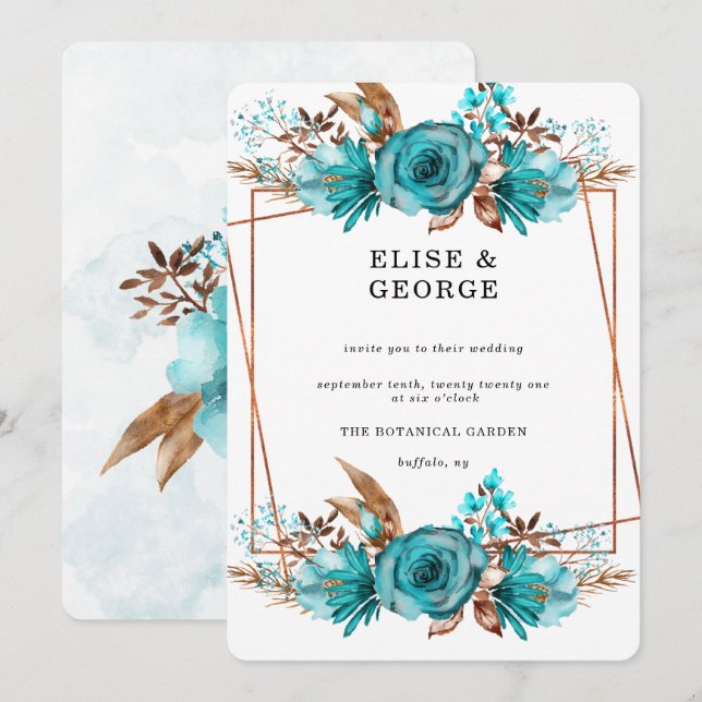 Vintage Turquoise Gold Peony Geometric Wedding Inv Invitation (Front/Back)