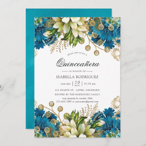 Vintage Turquoise  Gold Shabby Floral Quinceaera Invitation