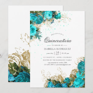 Vintage Turquoise & Gold Shabby Floral Quinceañera Invitation