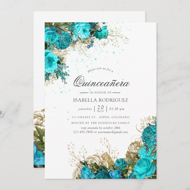 Vintage Turquoise & Gold Shabby Floral Quinceañera Invitation (Front/Back)
