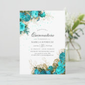 Vintage Turquoise & Gold Shabby Floral Quinceañera Invitation (Standing Front)