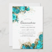 Vintage Turquoise & Gold Shabby Floral Quinceañera Invitation (Front)