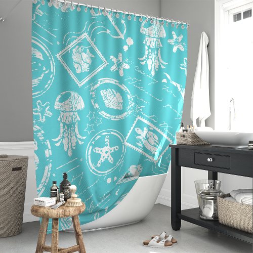 Shower Curtains 6 Vintage Turquoise Nautical Sea Stamp Shower Curtain