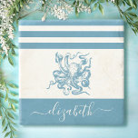 Vintage turquoise octopus beach house script name  stone coaster<br><div class="desc">Feel the coastal vibes and relax with your favorite beverage, all while protecting your furniture, with this beautiful, chic, simple, vintage, custom monogram name stone coaster. A graphic, teal blue vintage octopus overlays a white background accented with nautical teal blue stripes. Personalize with your name. Makes a stylish statement every...</div>