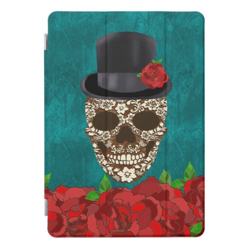 Vintage Turquoise Red Roses Top Hat Sugar Skull iPad Pro Cover