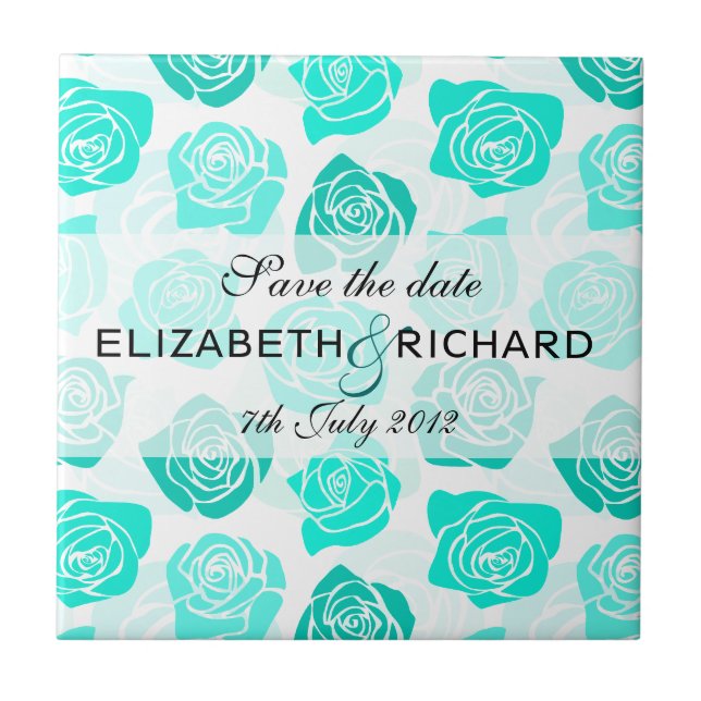 Vintage turquoise roses "Save the date" Tile (Front)