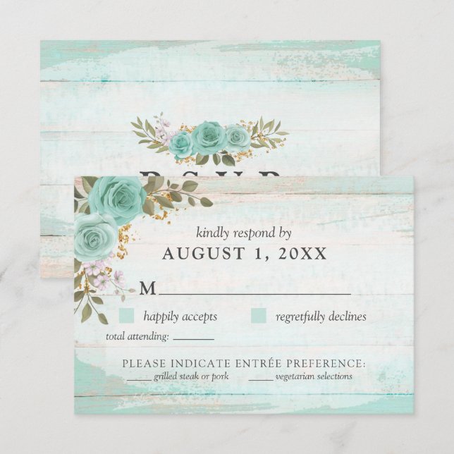 Vintage Turquoise Rustic Wood Floral RSVP Card (Front/Back)