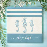 Vintage turquoise seahorse beach house script name stone coaster<br><div class="desc">Feel the coastal vibes and relax with your favorite beverage, all while protecting your furniture, with this beautiful, chic, simple, vintage, custom monogram name stone coaster. Three graphic, teal blue vintage seahorses overlays a white background accented with nautical teal blue stripes. Personalize with your name. Makes a stylish statement every...</div>