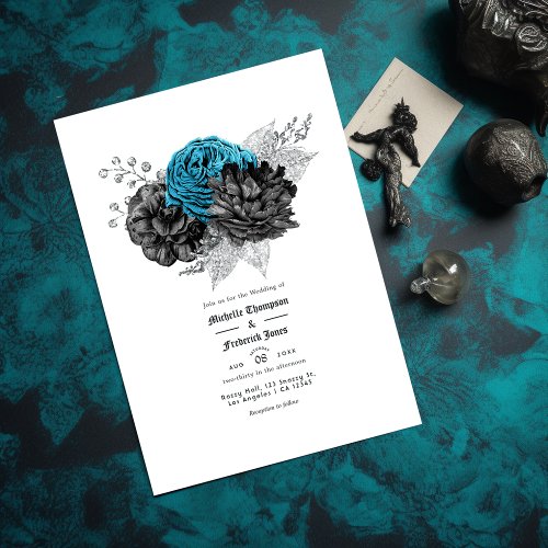 Vintage Turquoise _ Teal Black and Silver Floral Invitation