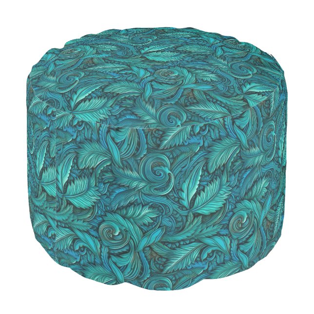 Vintage turquoise tooled leather pouf (Angled Back)