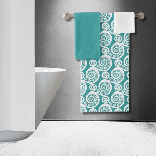 Vintage Turquoise  White Koru Curls Swirls Bath Towel Set