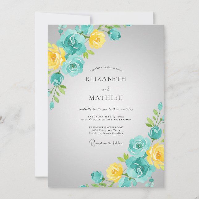 Vintage Turquoise Yellow Blossom Wedding Invitation (Front)