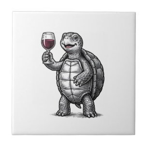 Vintage Turtle Holding Wine Glass Shirt Design_1 Ceramic Tile