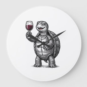 Vintage Turtle Holding Wine Glass Shirt Design_1 Large Clock
