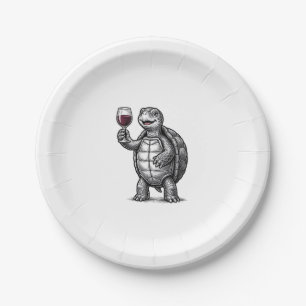Vintage Turtle Holding Wine Glass Shirt Design_1 Paper Plates