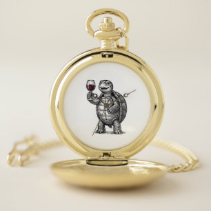 Vintage Turtle Holding Wine Glass Shirt Design_1 Pocket Watch