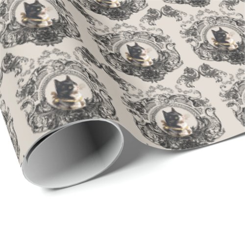 VINTAGE TUXEDO KITTEN CAT WITH BLACK FILIGREE  WRAPPING PAPER