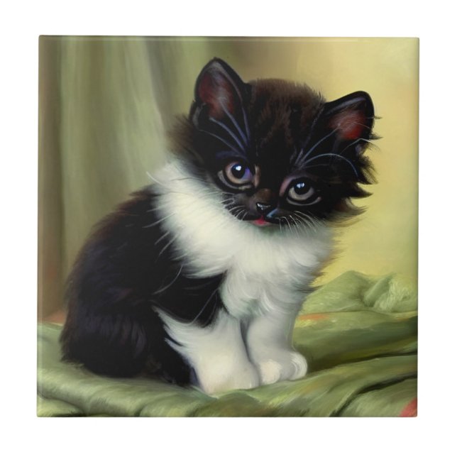 Vintage Tuxedo Kitten Illustration Ceramic Tile (Front)