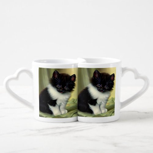 Vintage Tuxedo Kitten Illustration Coffee Mug Set