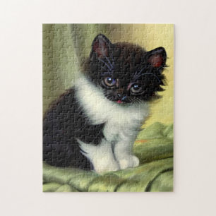 Vintage Tuxedo Kitten Illustration Jigsaw Puzzle
