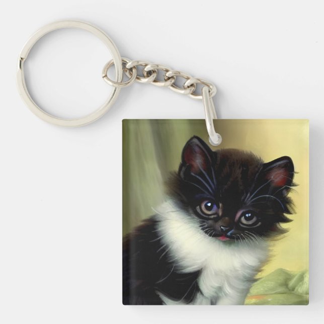Vintage Tuxedo Kitten Illustration Keychain (Front)