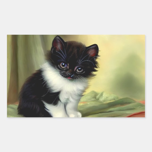 Vintage Tuxedo Kitten Illustration Rectangular Sticker (Front)