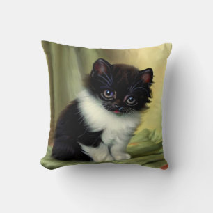 Vintage Tuxedo Kitten Illustration Throw Pillow
