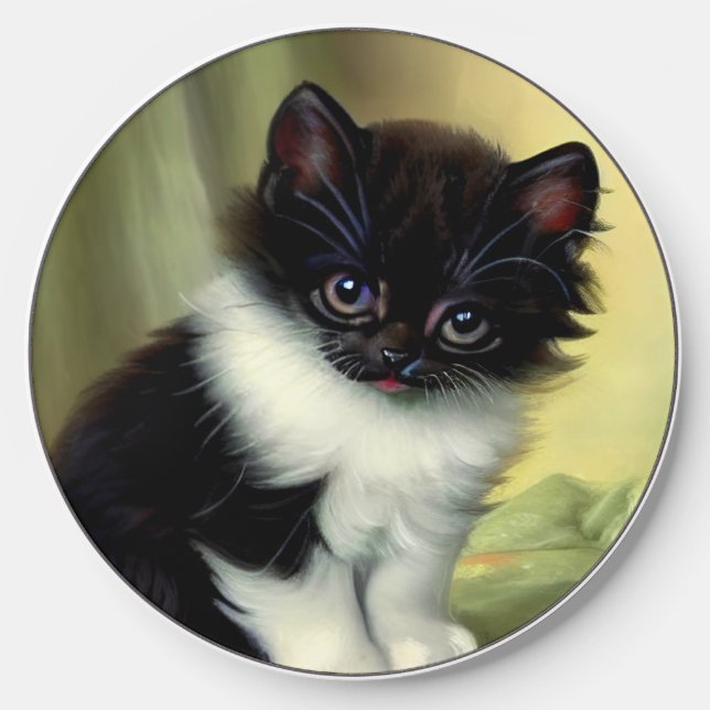 Vintage Tuxedo Kitten Illustration Wireless Charger (Front)