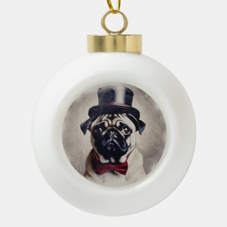 Vintage Tuxedo Pug Ceramic Ball Christmas Ornament