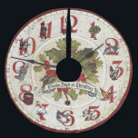 Vintage Twelve Days of Christmas Brushed Polyester Tree Skirt<br><div class="desc">Whimsical and festive holiday design featuring traditional elements of the classic holiday song bordering an antique clock face with clock hands,  holly and title banner in center. Background and back is distressed red floral damask.</div>