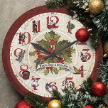 Vintage Twelve Days of Christmas Large Clock<br><div class="desc">Whimsical and festive holiday design featuring traditional elements of the classic holiday song bordering an antique clock face with clock hands,  holly and title banner in center. Background and back is distressed red floral damask.</div>